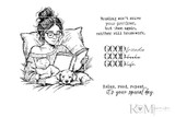 Stories & Snuggles red rubber stamp sheet: a woman reading in bed with a cat and dog and 'Reading won't solve your problems, but then again, neither will housework' plus 'GOOD friends GOOD books GOOD life.'