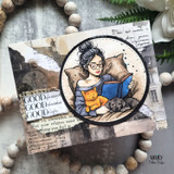Card with the reading woman on a black circle over vintage clock papers and 'GOOD friends GOOD books GOOD life.'