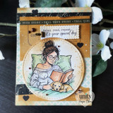 Card with the reading woman on a circle and 'Relax, read, repeat...it's your special day.'