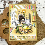 Card with the reading woman over book-print papers and 'Relax, read, repeat...it's your special day.'
