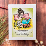 Card with the reading woman and 'Reading won't solve your problems, but then again, neither will housework.'