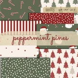 Peppermint Pines paper pack cover: Christmas 6x6 sheets of candy canes, pine trees, Santa faces, red candy stripes and snowy dots in red, green and cream behind the script title.