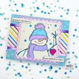 Snowman in a purple hat on a bright striped card with 'Across the miles, love arrives first.'