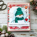 Snowman in a teal hat on a red card with snowflakes and 'Across the miles, love arrives first.'