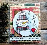 Snowman in a plaid scarf in a circle over layered holiday papers holding a heart with 'Across the miles, love arrives first.'