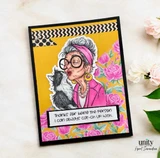 Lady in a pink jacket and headband kissing her black and white cat on a mustard rose paper card, stamped 'Thanks for being the person I can always cat-ch up with'.