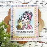 Lady in glasses kissing her tabby cat on a pink plaid card with a scalloped frame and 'Thanks for being the person I can always cat-ch up with'.