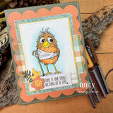 Scalloped card of a bandaged orange bird holding a flower, 'take it one small victory at a time.'