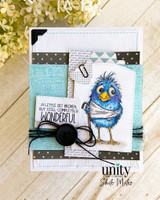 Card with a bandaged blue bird on layered papers reading 'a little bit broken but still completely wonderful.'