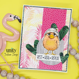 Card of a bandaged orange bird on pink and palm-print papers reading 'rest heal repeat.'