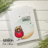 Card of a red bandaged bird by a snowflake, 'a little bit broken but still completely wonderful.'