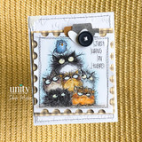 Card of the colored pile of frazzled cats on a gold background, 'just hang in there.'