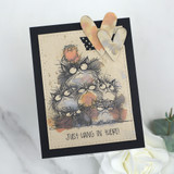 Neutral card of the sketched cat pyramid with kraft hearts, 'just hang in there.'