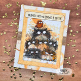 Card of the stacked grumpy cats on orange papers with gold confetti, 'maxed out on giving a fluff.'