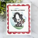 Red scalloped card with the fuzzy skunk holding a candy cane and 'Have a stinkin' sweet Christmas'.