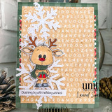 Card with the coloured reindeer over a word-search background, a snowflake and 'Dashing by with holiday wishes!'