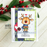 Layered card with the reindeer, a heart and 'A little Christmas cheer for someone so dear.'