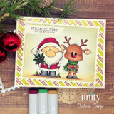 Card with the reindeer beside a Santa gnome and 'Special delivery from the North Pole.'