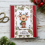 Red card with the reindeer in a wreath frame and 'A little Christmas cheer for someone so dear.'