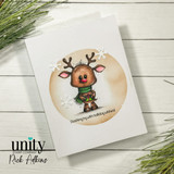 Clean card with the reindeer in a circle and 'Dashing by with holiday wishes!'
