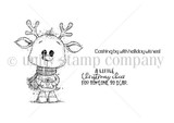 Red rubber stamp of a cute reindeer in a scarf with 'A little Christmas cheer for someone so dear' and 'Dashing by with holiday wishes!'