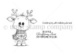 Red rubber stamp sheet with a wide eyed reindeer in a scarf holding a gift, beside 'Dashing by with holiday wishes!' and 'A LITTLE Christmas cheer FOR SOMEONE SO DEAR.'