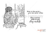 Line-art red rubber stamp of a woman in a sweater watching snow through a window with a mug, 'even in the quiet, you are never alone.'