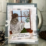 Card with the window scene in cool grays and blues, 'even in the quiet, you are never alone.'