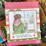 Card with the window scene colored in greens and pinks, 'even in the quiet, you are never alone.'