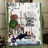 Winter card with the sweatered woman, snowflakes and 'warm and cozy winter wishes.'