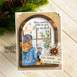 Arched card with the window scene, 'may comfort settle in and stay awhile / hot cocoa & fuzzy socks.'
