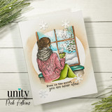 Card with the woman at the window in a circle frame, 'even in the quiet, you are never alone.'