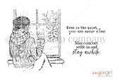 Red rubber stamp sheet with a girl in a cable knit sweater and messy bun sitting on a window seat with a steaming mug, bare winter branches outside, beside 'Even in the quiet, you are never alone' and 'May comfort settle in and stay awhile'.