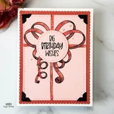 Soft pink card with a coral bow and a circle sentiment 'Big birthday wishes.'