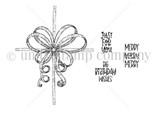 Line-art stamp sheet of a sketched bow with crossing gift ribbons and the sentiments 'Just for you', 'Merry Merry Merry' and 'Big birthday wishes.'