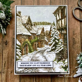 Card with the snowy village lane and 'Wishing you many blessings this season and all year long.'