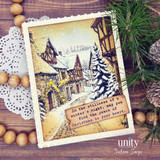 Vintage card with the village lane and 'In the stillness of a winter's night, may you find the peace of Christmas in your heart.'