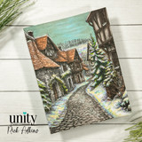 Card with the snowy village lane softly coloured.