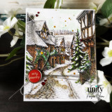 Card with the coloured village lane and 'very merry.'