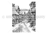 Red rubber stamp of a snowy old-world village lane winding past timber cottages and pines, a detailed winter scene.