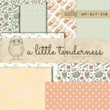 Cover of the A Little Tenderness 6x6 paper pack from Unity Stamp Co — soft papers in peach, cream and green with hearts, dots and gentle prints and a little fuzzy bird beside the title in script.