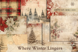 Where Winter Lingers paper pack — aged vintage winter prints with pine trees, poinsettias, plaid and red berries in warm cream.