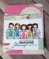 Pink card with a doily, music note washi and a white panel holding the five girls hand colored in rainbow ribbon tees, with the can't imagine the journey without you sentiment below.