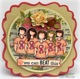 Red and kraft scalloped card with a circle panel, the five girls colored in coral tees with pink ribbons, a cream paper rose and a banner reading we can BEAT this.