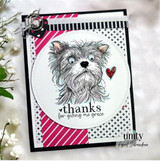 Handmade card made with Unity Stamp Co’s Gracie - Rescue Tales red rubber stamp set — Gracie, a scruffy Yorkshire Terrier from the Rescue Tales line, with a little heart — stamped and colored, with the sentiment “thanks for giving me grace”.