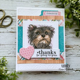 Handmade card made with Unity Stamp Co’s Gracie - Rescue Tales red rubber stamp set — Gracie, a scruffy Yorkshire Terrier from the Rescue Tales line, with a little heart — stamped and colored, with the sentiment “thanks for giving me grace”.
