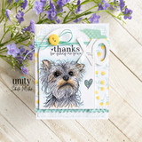 Handmade card made with Unity Stamp Co’s Gracie - Rescue Tales red rubber stamp set — Gracie, a scruffy Yorkshire Terrier from the Rescue Tales line, with a little heart — stamped and colored, with the sentiment “thanks for giving me grace”.