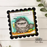 Handmade card with a scowling fluffy Pissy Kitty holding a champagne flute beside a popped bottle, colored in teal and orange, banded with the sentiment 'Nine lives, zero resolutions.' on a black scalloped frame.