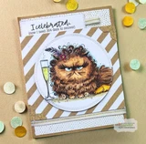 Kraft and gold striped card featuring a brown-toned grumpy Pissy Kitty with a champagne glass in a white circle, topped by the sentiment 'I celebrated. (now I need 364 days to recover)'.