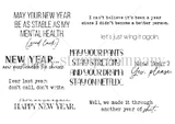 Red rubber stamp sheet of nine tongue in cheek New Year sentiments in mixed typefaces, including "MAY YOUR NEW YEAR BE AS STABLE AS MY MENTAL HEALTH. {good luck}", "let's just wing it again." and "NEW YEAR... new questionable life choices."